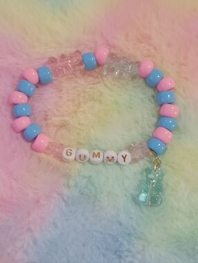 Gummy Bead Pink & Blue Stretch Bracelet with Charm